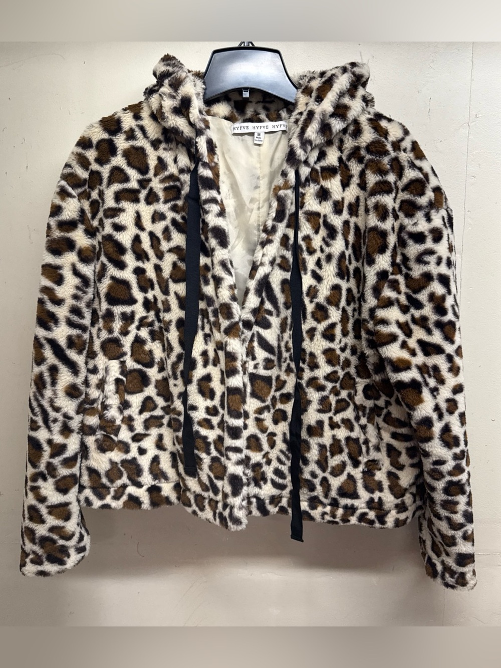 HYFVE Leopard Print Faux Fur Open Front Hooded Jacket – Size Medium